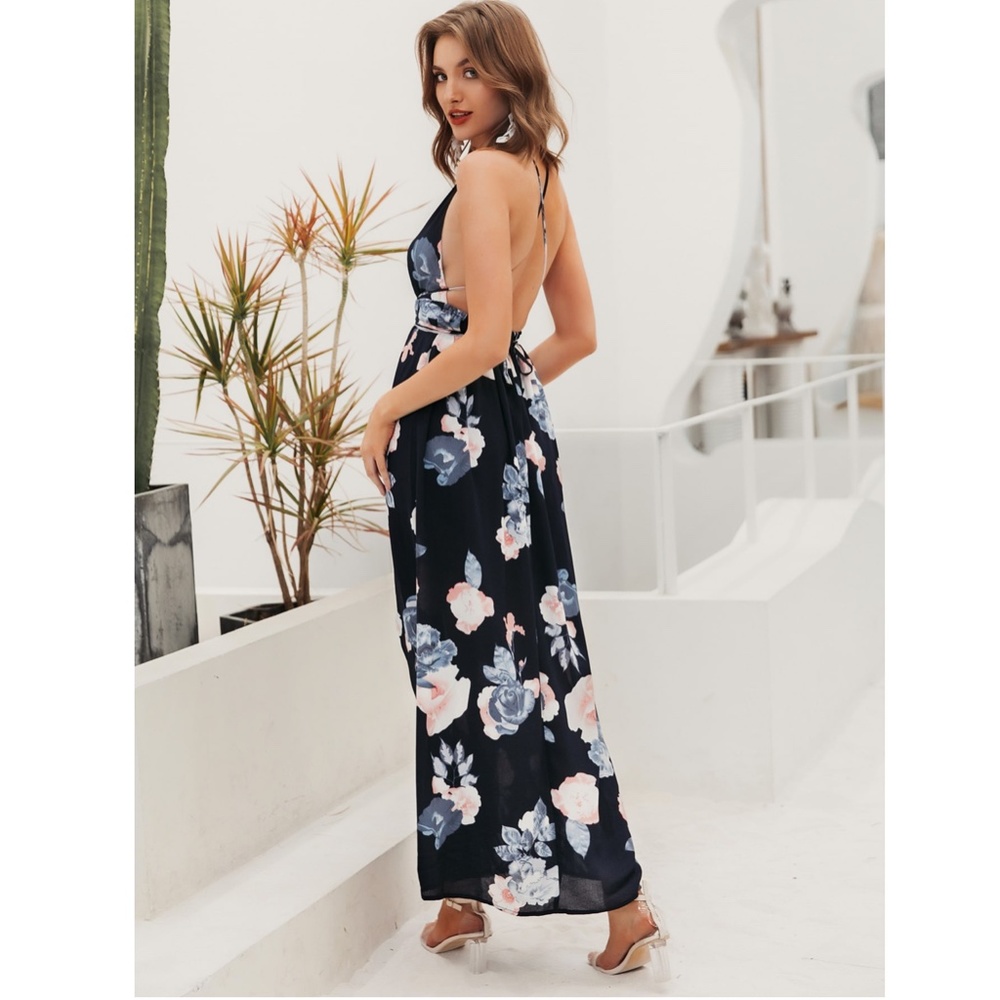 Deep V Backless Strappy Navy Floral Maxi Dress - Picture 4 of 8